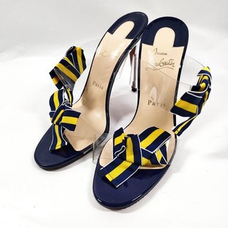 Christian Louboutin Heels Sandals Blue Yellow Striped Bows Clear Strap 2766262