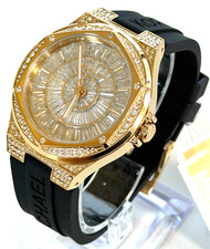 Michael Kors MK7247 Lennox Pave Glitz Gold-Tone/Black Silicone Strap Watch 350