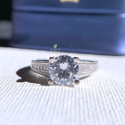Moissanite Engagement Ring Round 2 Ct Art Deco Pave Band Vintage Bridal Gift