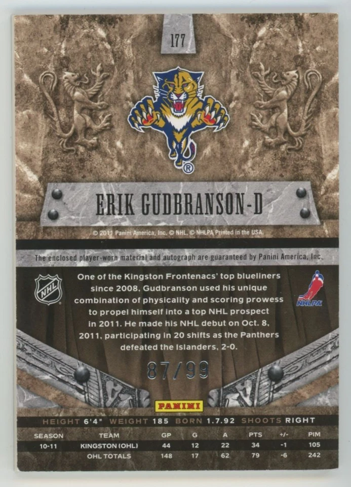 2011-12 CROWN ROYALE Erik Gudbranson RC ROOKIE SILHOUETTES AUTO PATCH /99 - Image 2 of 2