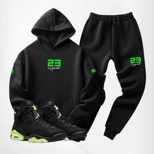 Men's Black Green Sweatsuit Hoodie Joggers Set Matches Air Jordan Electric Green