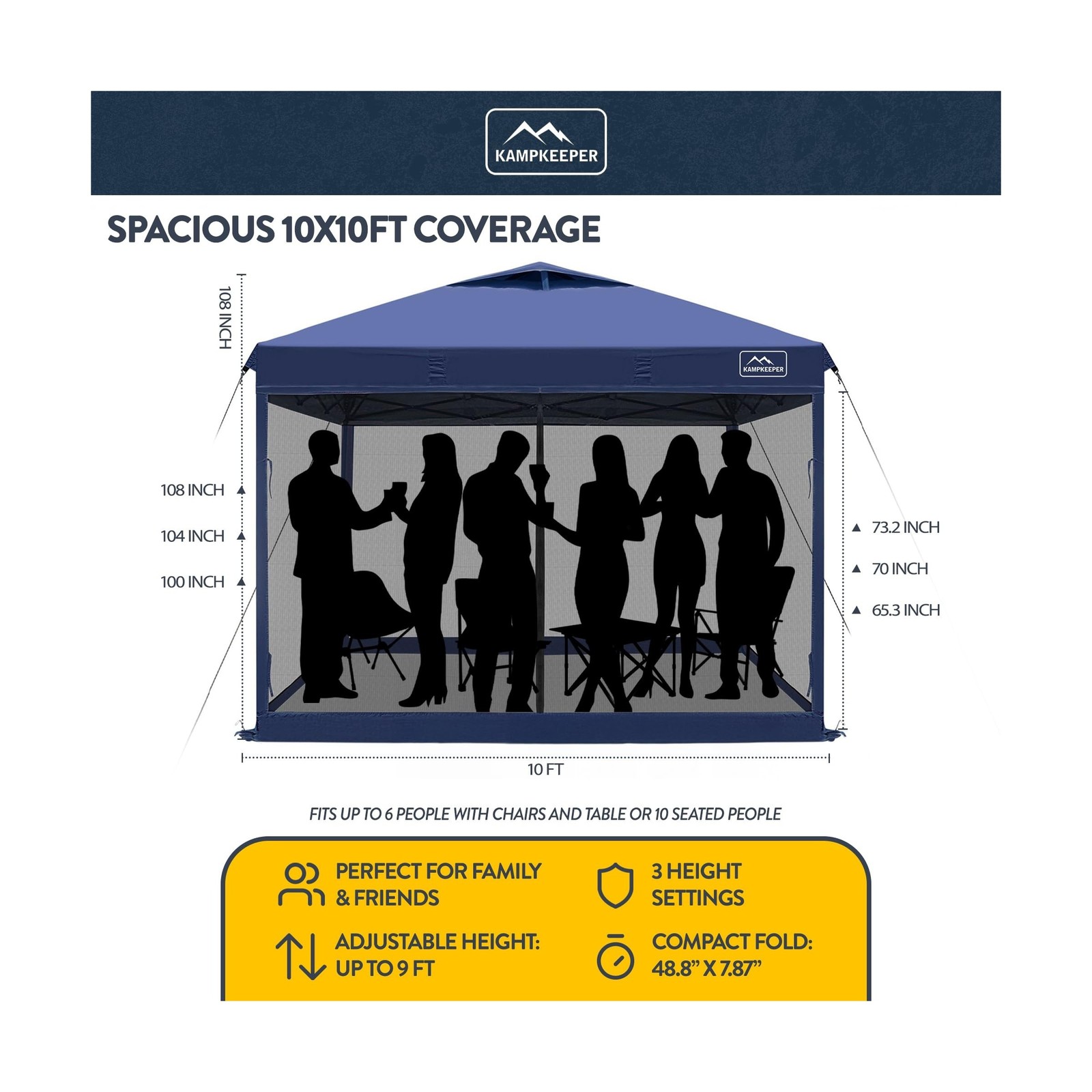 KAMPKEEPER 10x10 Pop-Up Canopy Tent, Waterproof Portable Shade with Screen Wa...