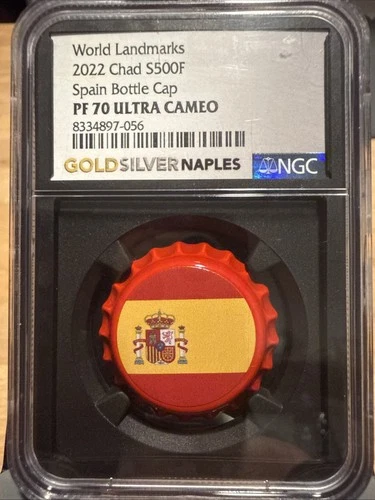 2022 Chad S500F Spain Bottle Cap PF70 Ultra Cameo Silver Coin NGC