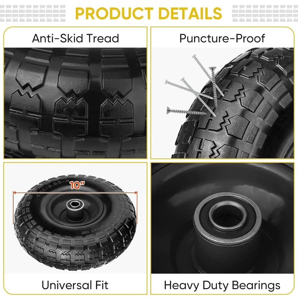 10-дюймовые сплошные шины упаковка 2 шт плоские свободные колеса для тележки ручного грузовика общего назначения - Изображение 4 из 4