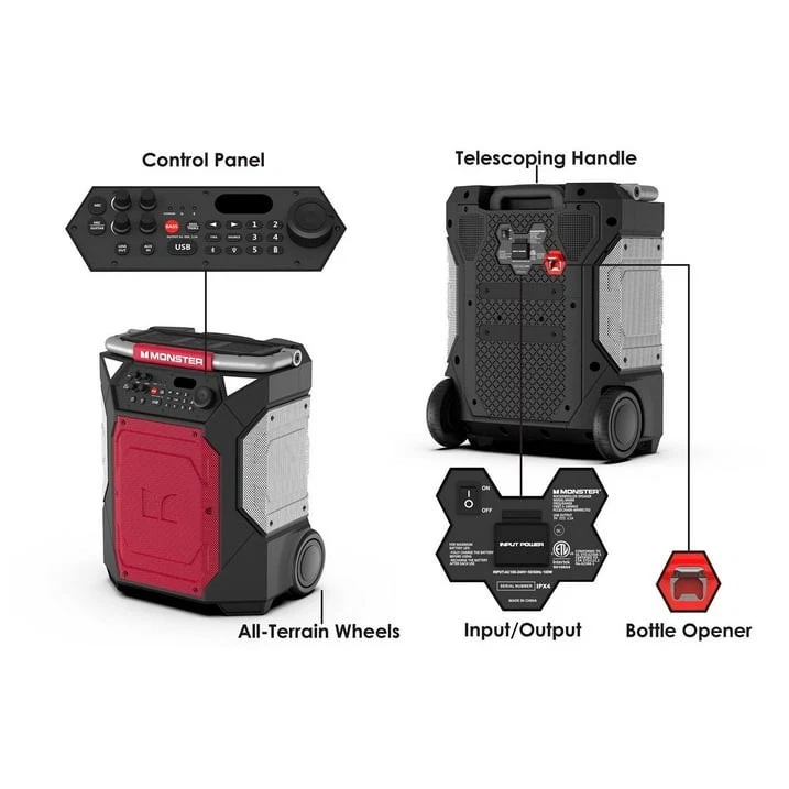 Monster Rockin Roller 360 Portable Indoor/Outdoor Bluetooth Speaker - Red/Silver - Image 3 of 4