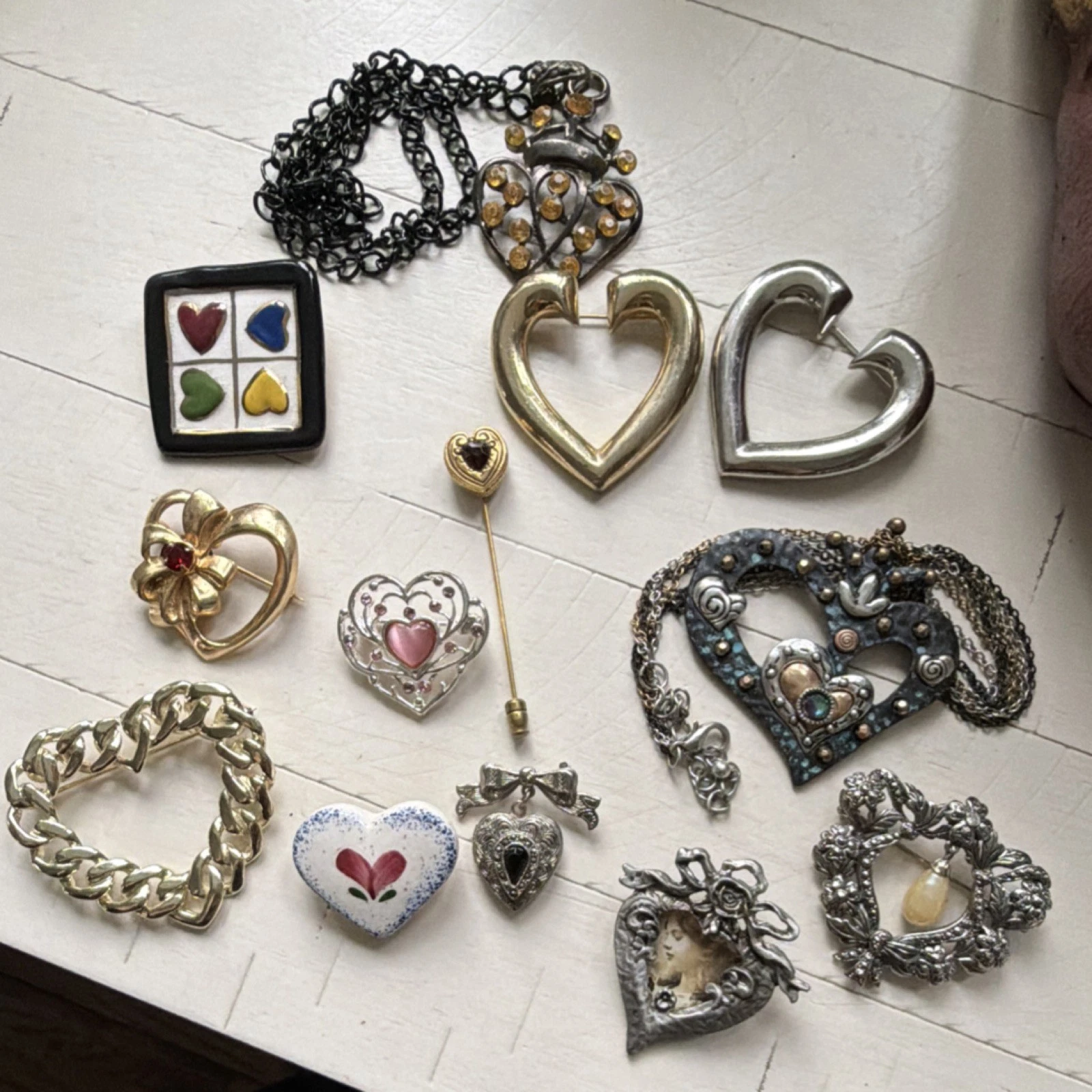 Vintage Heart Brooch Pin Multicolor Metal Enamel Glass Ceramic Heart Lot
