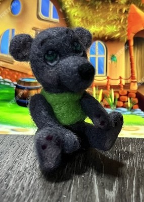 Mini Needle Felted Gray Teddy Bear With Green Shirt