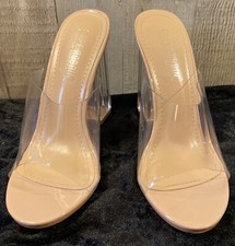 Fusion Cape Robbin Clear Lucite Single Band Chunky Block Heel Nude Sandals Heels