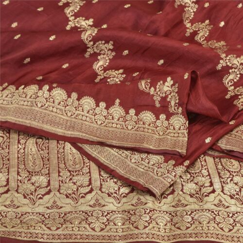 Sanskriti Vintage Dark Red Sarees Pure Satin Silk Brocade/Banarasi Sari Fabric - Picture 1 of 12