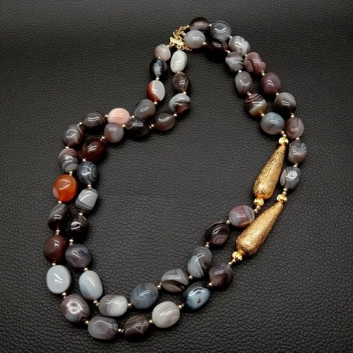2 Strand Natural Gray Botswana Sardonyx Agates Gold Plated Brushed Bead Necklace - Picture 2 of 10