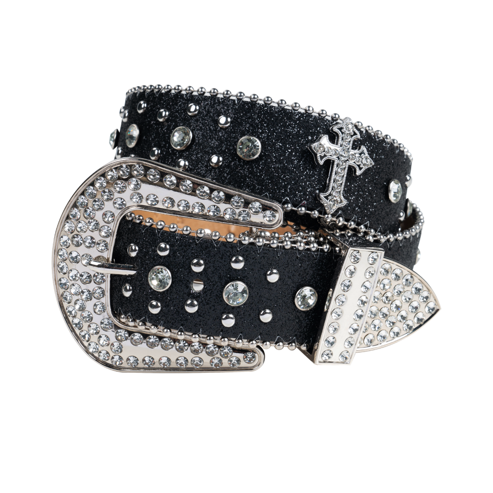 Black Leather Women Western Fashion Belt W/ Cross Logo Bling  display picture 3