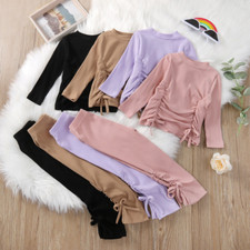 Kid Girls Ruffle Long Sleeve Tops Pants Toddler Ribbed Outfits 2pcs Clothes Set