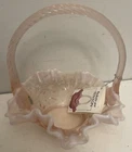 Fenton Basket Pink Glass Ruffled Frosted Edge Leaf Vine Pattern Tag Sticker EUC!