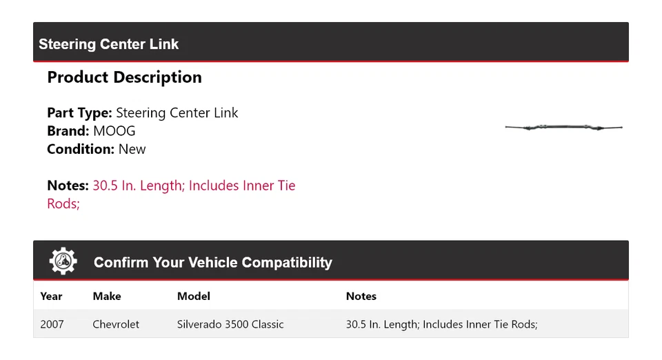 Chevrolet Silverado 3500 2007 clásico dirección enlace central MOOG Foto 2 de 4
