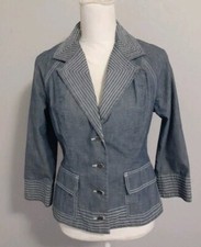 Chico s Women s Chambray Blue with White Stitch Notch Collar Flap Blazer Size 0