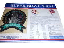 Willabee & Ward Super Bowl XXVI Commemorative Patch and information card