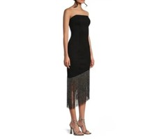 Crystal Sky Black Strapless Fringe Midi Evening Dress | Size S