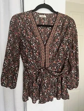 Max Studio Women Top Size Small Black Floral Boho Front Tie Swing Blouse