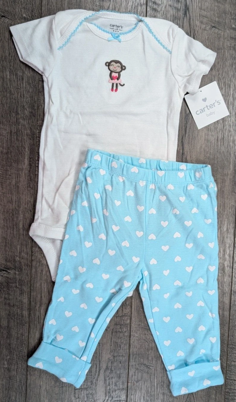 Baby Girl Clothes New Carter's 9 Month Blue Heart Monkey 2pc Outfit