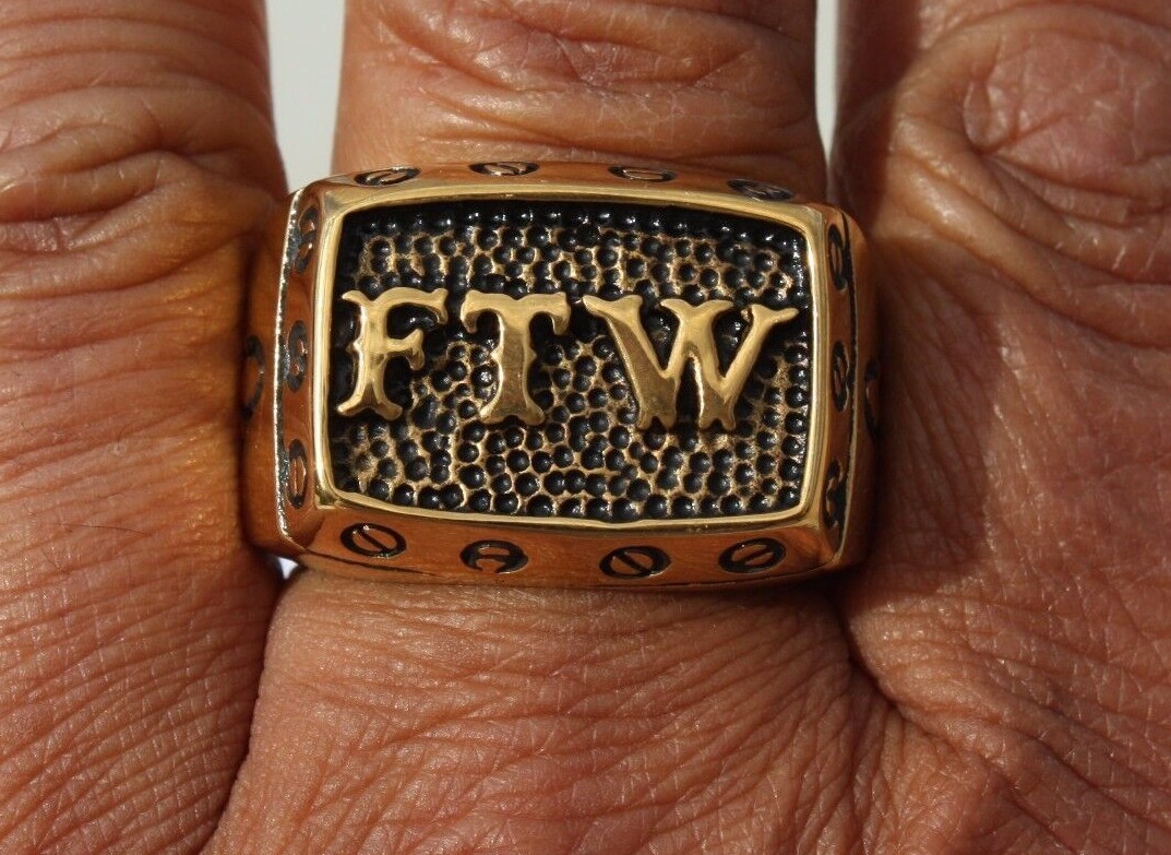 FTW Gold Stainless Steel Motorcycle Biker Ring Sz 7,8,9,10