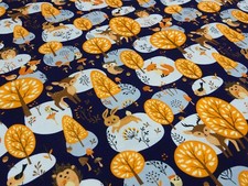 Stoff Baumwolle Jersey Waldtiere Hirsche Füchse Eulen Hasen blau braun orange 