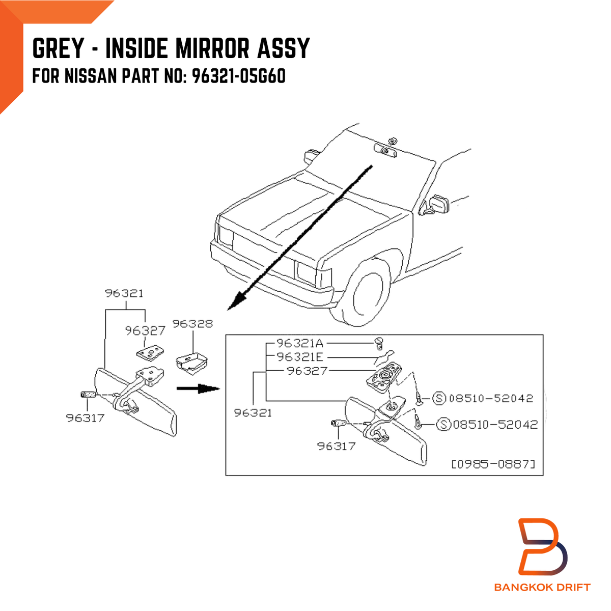 GREY INTERIOR REAR VIEW MIRROR FOR NISSAN PICKUP HARDBODY D21 86