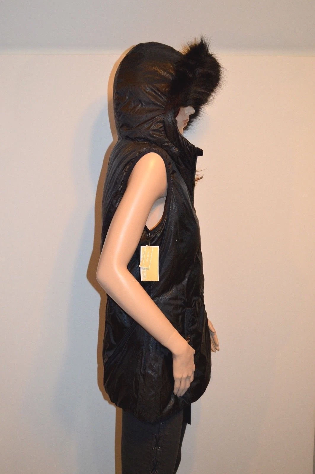 Nuovo $150 Michael Kors gilet piumino reversibile pelliccia sintetica cappuccio staccabile nero oro M