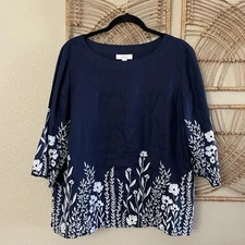 Charter Club Linen Luxury Top Blouse Floral Embroidered 100% Linen Chic L B12