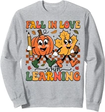 Fall In Love With Learning Thanksgiving Teacher Unisex Crewneck Sweatshirt