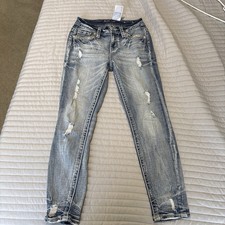 Miss Me Mid-Rise Ankle Skinny Distressed Embellished Blue Stretch Denim Jeans