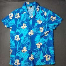 Disney Mickey Mouse Shirt Mens Medium Blue Rayon Hawaiian Aloha Camp Button Up