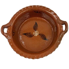 Rustic Terracotta Serving Bowl with Applied Handles Hand Painted Floral Design