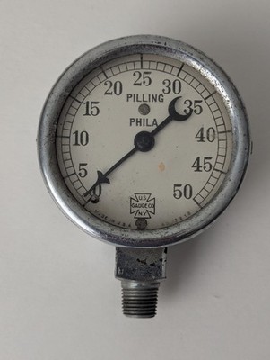 US GAUGE Co Vintage 0-50 Pressure Gauge Crescent Needle 2in Steampunk Antique