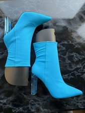 NEW RIVER ISLAND Blue Turquoise Pointed Toe Sock Boots Perspex Heel UK 6