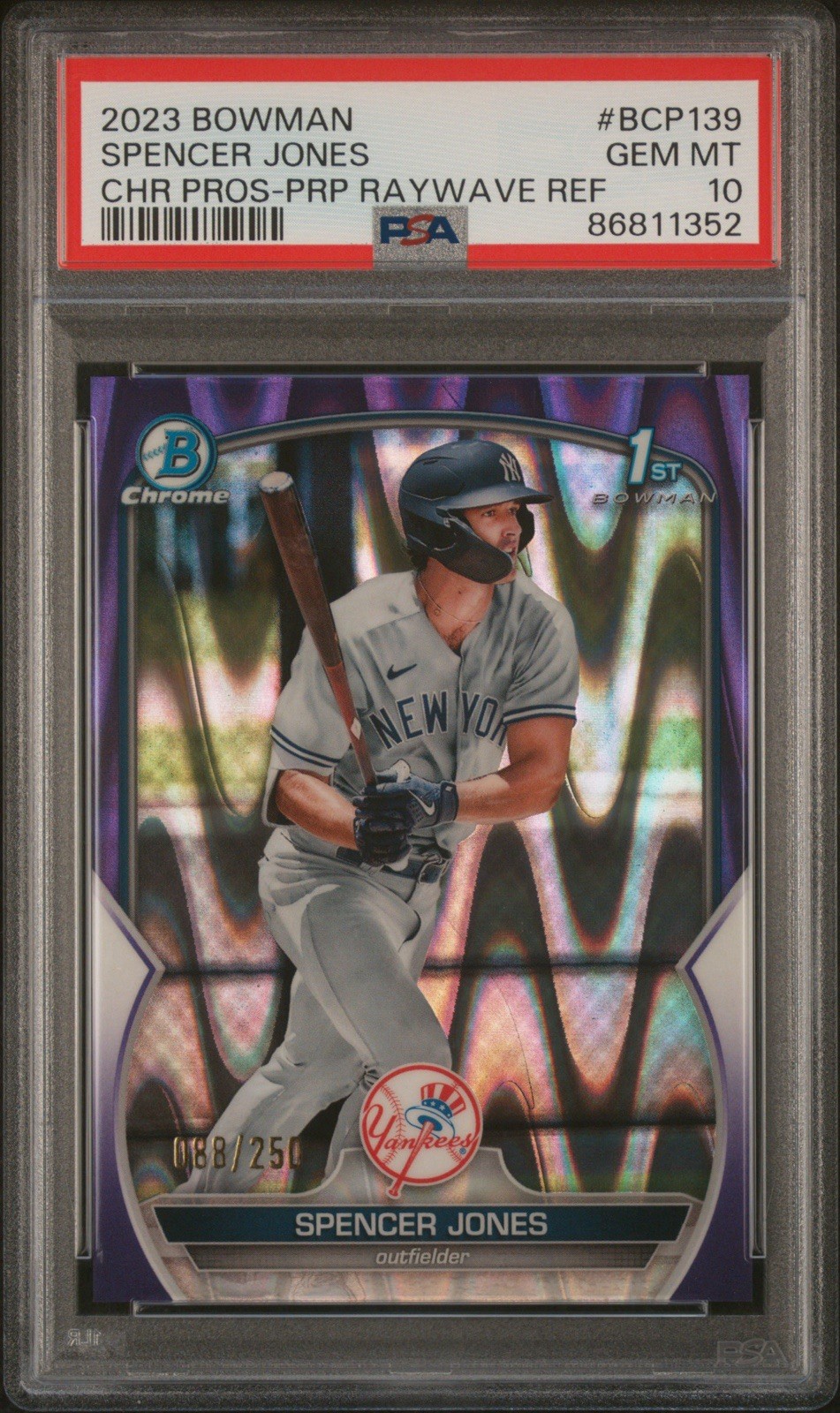 2023 BOWMAN CHROME PROS SPENCER JONES PURPLE RAYWAVE REF 088/250 #BCP139 PSA 10!
