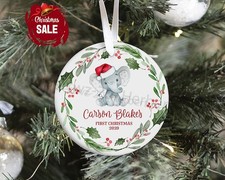 Elephant Baby First Christmas Ornament, Personalized Baby Christmas Ornament,...