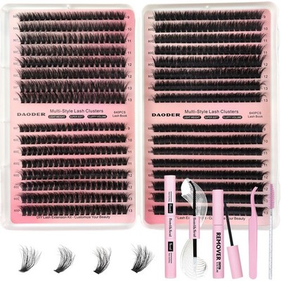 DAODER Fluff Lash Clusters Kit Short 50D+60D+80D+100D with kit 9-13MM, Black