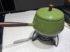 Vintage 1970s MCM Green Fondue Pot with  Base Avocado Green