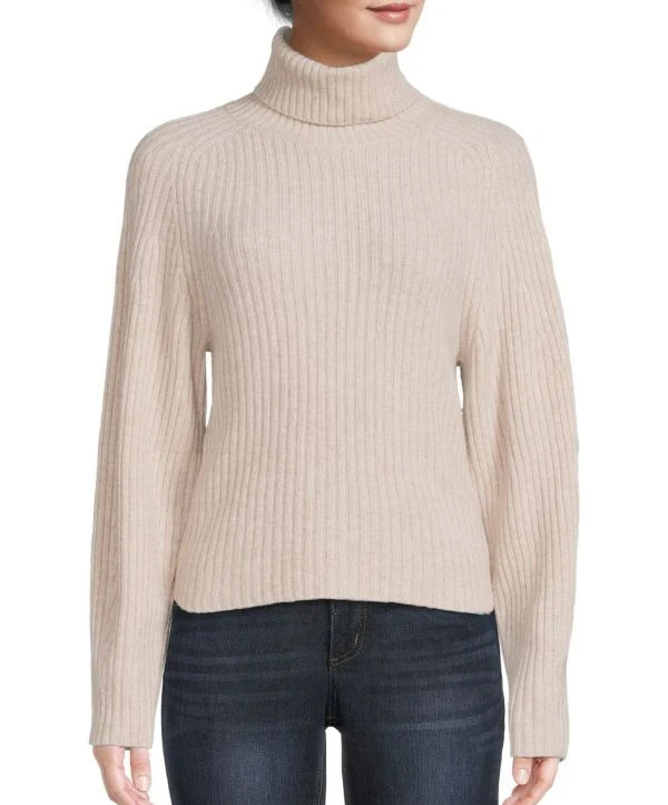 NWT- Vince Open-Back Turtleneck Ribbed Cashmere Sweater, Heather Beige - Medium
