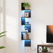 Corner Shelf Wall Mount with LED Light, 5 Tier Floating Corner Bookshelf, Pla...