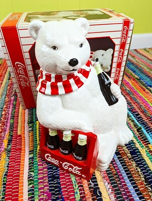VTG'98 Limited Ed Coca-Cola Cookie Jar Polar Bear In Red Scarf W/6 Pack In Box