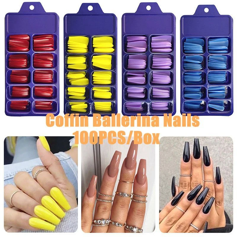 100Pcs/Set False Nail Tips Matte Full Cover Long Coffin Fake Nails Art Manicure - Image 3 of 4
