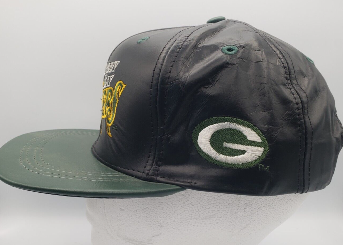 キャップ 90s NFL Green Bay Packers Leather Cap VTG Green Bay Greenbay Packers Leather Snapback Hat Cap 90's