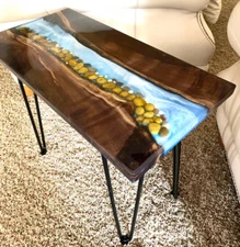 Custom Ocean Wave Blue Epoxy Resin Dining Table Handmade Kitchen Slab Countertop