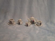 Miniature Porcelain Children's Tea Set with Girls on Front w/ Pink  Blue Hats