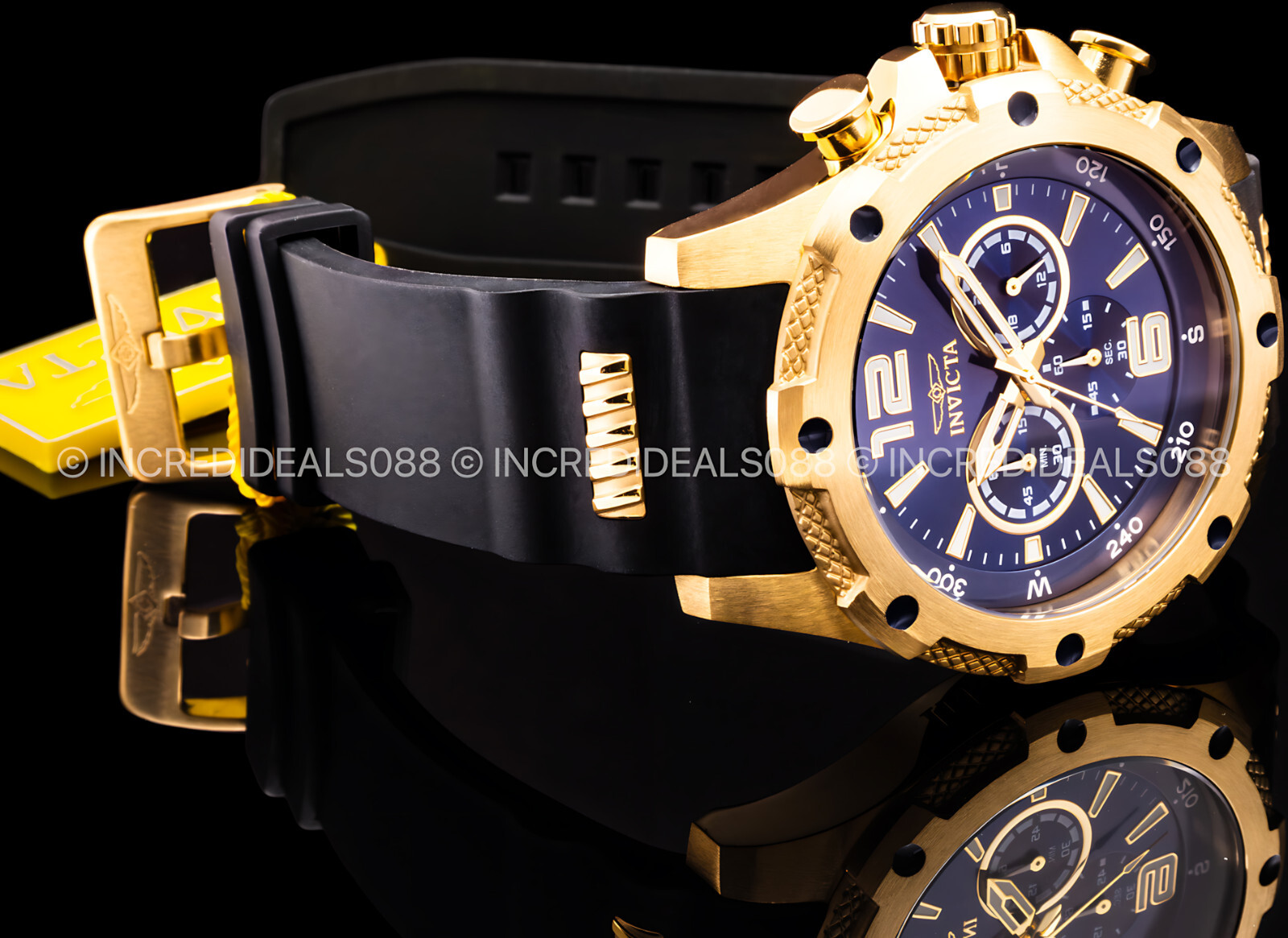 Invicta Men I-FORCE Chronograph 18Kt Gold Blue Dial Black Strap 50mm SS Watch