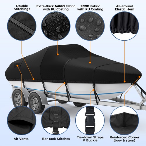 1200D Heavy Duty Trailerable Fit 16-22Ft V-Hull Fish & Ski Boat Cover Waterproof - Afbeelding 30 van 36
