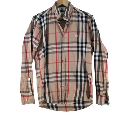 Burberry Brit Shirt Mens M Nova Beige Check Cotton Button Up Long Sleeve 135119