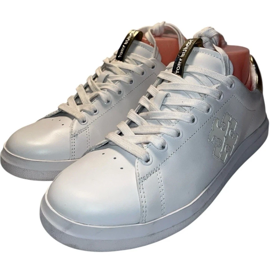 TORY BURCH Women’s Sz 8 Double T Howell Court Sneaker Tennis Shoe White & Gold - Image 4 of 4