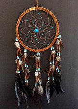 Dream Catcher Dreamcatcher - Brown Suede with Turquoise Details - Handmade, Larg